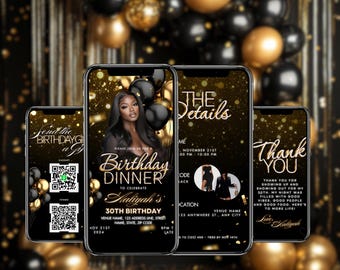 Gold Black Digital Birthday Dinner Party Video Invite Black Invitation DIY Template Black Gold Balloon Birthday Invite Canva Thank you note