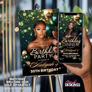 May include: A black and gold birthday party sign and a smartphone displaying a matching invitation. The sign features a woman's portrait, balloons, and text that reads "Birthday Party" and "30th Birthday". The invitation on the phone mirrors the sign's design.