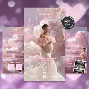 May include: Baby shower invitation suite with a pink and white cloud theme. The invitation includes details, dress code, and registry information. The main invitation features the text "Baby O" and the date February 15th.