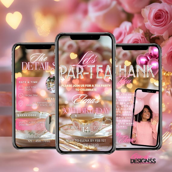 Brunch Tea Party Invitation Digital Birthday Digital Pink Floral Brunch Phone Message Evite Animated Invite Any Age Video Brunch Invitation