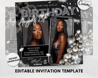 Custom Birthday Flyer for Phone Digital Birthday Invite 21st Birthday Invitation Silver Canva Template White Birthday Video Invite