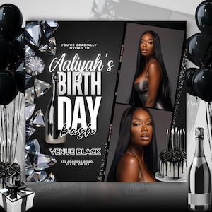 Animated editable birthday invite canva template grey and black bday bash invite baddie bday 21st diamonds and gems birthday cake image upload invite