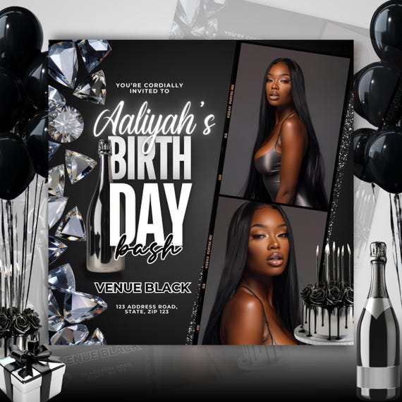Birthday Flyer Template Digital Birthday Invite Grey Silver Birthday Invitation Canva Template Birthday Video Invite