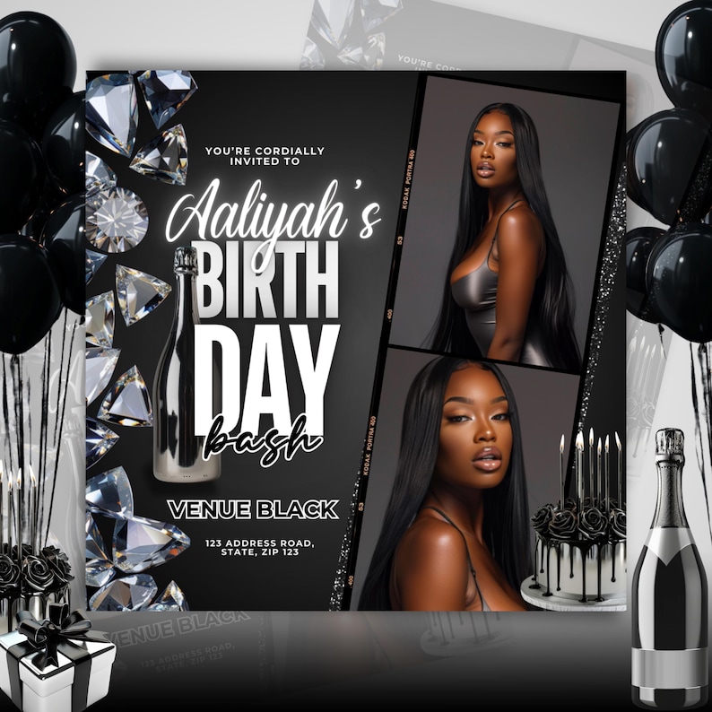 Animated editable birthday invite canva template grey and black bday bash invite baddie bday 21st diamonds and gems birthday cake image upload invite