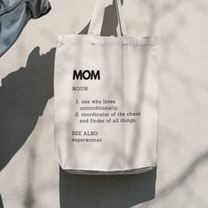 MOM Definition Tote - Umhängetasche - Lange Griffe - 100% Baumwolle Natürliche bedruckte Tragetasche für den regulären Gebrauch, Geschenk für Muttertag