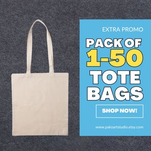 Lot de 1 à 50 sacs fourre-tout unis de qualité supérieure en coton naturel, sacs cabas écologiques à longues poignées, parfaits pour imprimer et décorer des sacs en toile