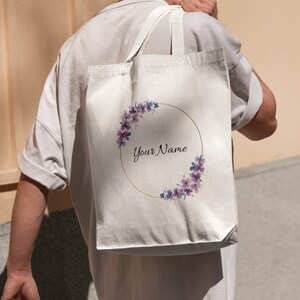 Sac fourre-tout personnalisé avec votre nom, cadeau parfait pour les amateurs de fleurs violettes, sac fourre-tout en coton naturel de qualité supérieure, matériau épais, sac fourre-tout à personnaliser