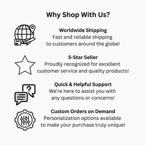 May include: Black and white illustration of a globe with a pin, a star, a speech bubble with a question mark, and a gear with settings. Text reads: "Why Shop With Us?"  "Worldwide Shipping" "Fast and reliable shipping to customers around the globe!" "5-Star Seller" "Proudly recognized for excellent customer service and quality products!" "Quick & Helpful Support" "We're here to assist you with any questions or concerns!" "Custom Orders on Demand" "Personalization options available to make your purchase truly unique!"