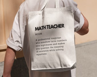 Math Teacher Definition Printed Funny Tote Bag Math Numbers Enthusiast Cotton Bag Gift Idea for Teacher Tote bag with Funny Definition