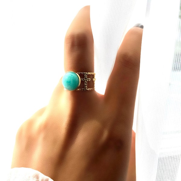 new!!Turquoise gemstone cigar band 18K Gold Filled high polish ring | tarnish free waterproof ring | adjustable ring by Red String Theory Co