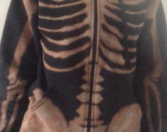 Skelett-Kapuzenpullover mit Reißverschluss, Unisex, handgefertigt, gebleicht, doppelseitig