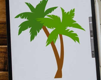 Op de afbeelding: Een digitale tekening van twee groene palmbomen op een witte achtergrond die op een tablet wordt weergegeven.