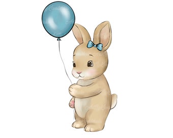 Bunny Clipart, Rabbit PNG, Baby Shower Boy, Blue Balloon, Digital Download