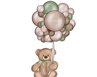 Op de afbeelding: Een bruine teddybeer die aan een bos groene en beige ballonnen vasthoudt. De ballonnen zijn met een wit touwtje aan elkaar gebonden.