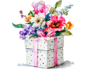 May include: Watercolor illustration of a gift box filled with a vibrant bouquet of flowers. The white box is adorned with gold polka dots and a pink ribbon. The flowers include pink, red, white, purple, and orange blooms with green foliage.