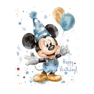 Micky Maus PNG, Aquarell Micky Maus Clipart, Luftballons, alles Gute zum Geburtstag, digitaler Download