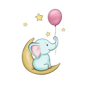 Elephant Clipart, Elephant on Moon, Balloons PNG, Baby Shower Girl, Digital Download
