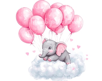 Clipart de elefante, elefante de acuarela, globos PNG, baby shower de niña, descarga digital