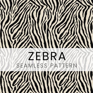 May include: A seamless zebra pattern in black and cream. The image features the text "ZEBRA SEAMLESS PATTERN" in a bold, sans-serif font. The design is a repeating pattern of black stripes on a cream background, creating a bold, animal print.