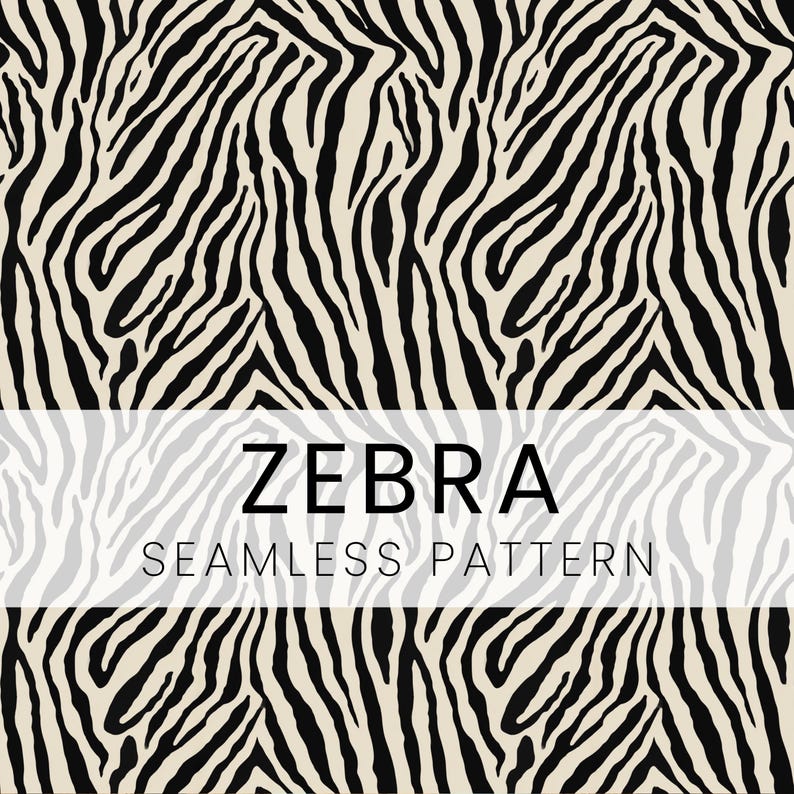 May include: A seamless zebra pattern in black and cream. The image features the text "ZEBRA SEAMLESS PATTERN" in a bold, sans-serif font. The design is a repeating pattern of black stripes on a cream background, creating a bold, animal print.