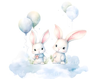 Bunny Clipart, Aquarell süße Kaninchen PNG, Ballons, Geburtstag, Baby Shower Clip Art, digitaler Download