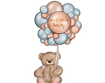 Op de afbeelding: Een bruine teddybeer die een bos blauwe en bruine ballonnen vasthoudt met de tekst "welcome baby" op een van de ballonnen.