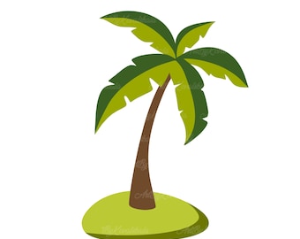 Op de afbeelding: Een cartoon illustratie van een palmboom op een klein eiland. De boom heeft een bruine stam, groene bladeren en staat op een groen eiland. De achtergrond is wit.