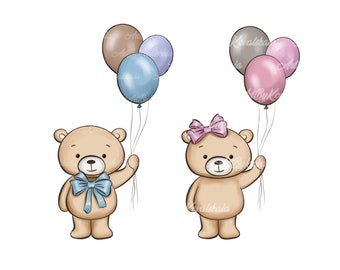 Op de afbeelding: Twee cartoon teddyberen met ballonnen. Eén beer heeft een blauwe strik en houdt drie ballonnen in bruin, blauw en lavendel vast. De andere beer heeft een roze strik en houdt drie grijze en roze ballonnen vast.