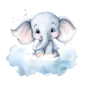 Watercolor Elephant Clipart, Cute Elephant on a Cloud, PNG, Baby Shower Clip art, Digital Download