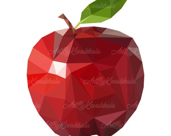 Puede incluir: Una manzana roja con una hoja verde, representada en un estilo de baja poli. La manzana está compuesta por muchos triángulos pequeños, lo que le da un aspecto geométrico.