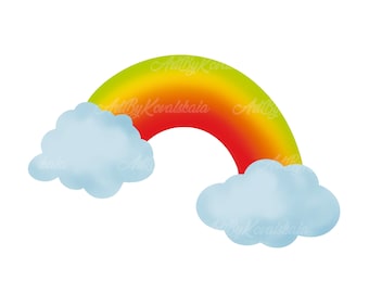 May include: A rainbow with a yellow, orange, red, and green gradient, with two fluffy white clouds on either side.