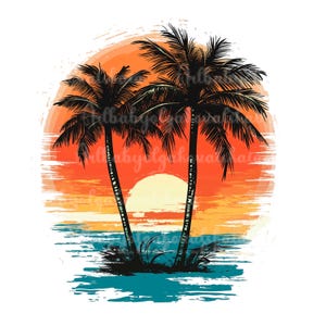 ヤシの木、ヤシの木 PNG、夕日のクリップアート、デジタルダウンロード