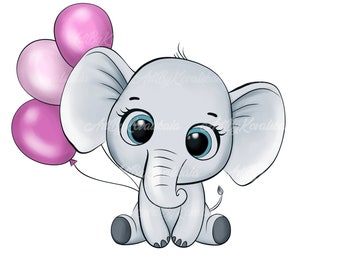 Baby Elephant Clipart, Balloons PNG, Birthday Party (Digital Download)