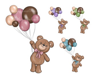 Teddy Bear Clipart, Cute Teddy Bear, Balloons, PNG, Baby Shower, Digital Download