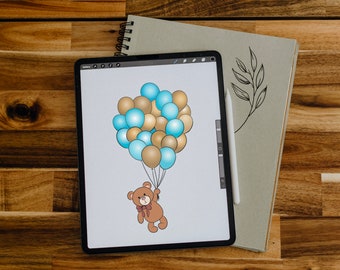 Op de afbeelding: Een digitale illustratie van een bruine teddybeer die een bos blauwe en bruine ballonnen vasthoudt.