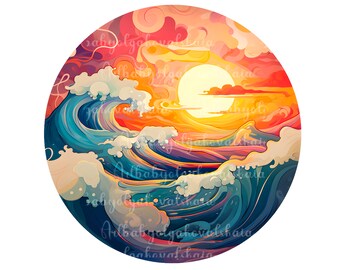 Landscape Clipart, Ocean, Sunset, PNG, DIGITAL DOWNLOAD