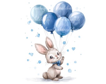 Bunny Clipart, Watercolor Cute Rabbit PNG, Baby Shower Clipart, Digital Download