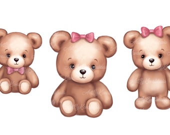 Teddy Bear Clipart, Cute Bear PNG, Baby Shower Girl, Digital Download