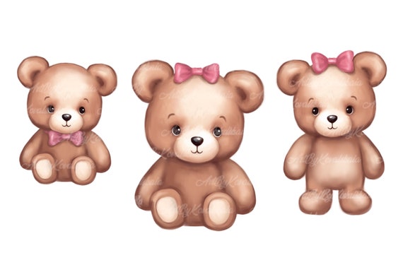 Teddy Bear Clipart, Cute Bear PNG, Baby Shower Girl, Digital Download 