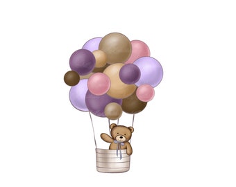 Teddy Bear Clipart, Air Balloon PNG, Baby Shower Girl, Digital Download