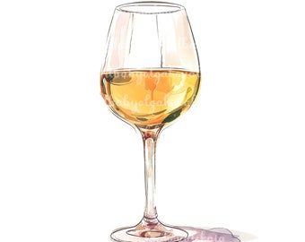 Peut inclure: Un verre de vin blanc dans un verre transparent à pied long. Le vin est de couleur jaune pâle et le verre est posé sur une surface blanche.