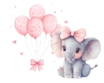 Clipart de elefante, elefante de acuarela, globos PNG, baby shower de niña, descarga digital