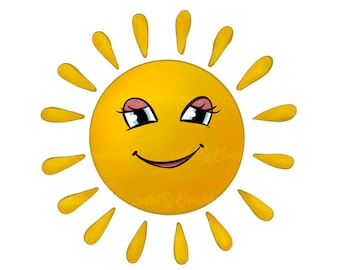 Op de afbeelding: Een gele zon met een glimlachend gezicht en wimpers. De zon heeft een roze blos op de wangen en is omringd door gele stralen.