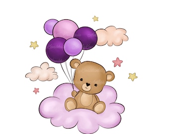 Teddy Bear with Balloons Clipart, Baby Shower PNG (Digital Download)