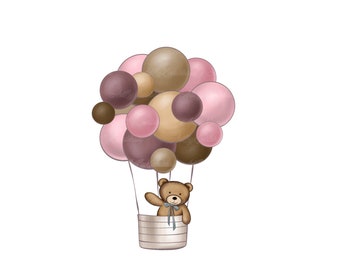 Teddy Bear Clipart, Air Balloon PNG, Baby Shower Girl, Digital Download
