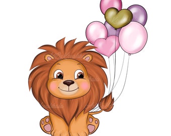 Lion Clipart, Lion, Balloons PNG, Digital Download