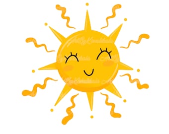 Op de afbeelding: Een gele cartoonzon met een glimlachend gezicht en gesloten ogen. De zon heeft golvende lichtstralen die er vanaf komen.