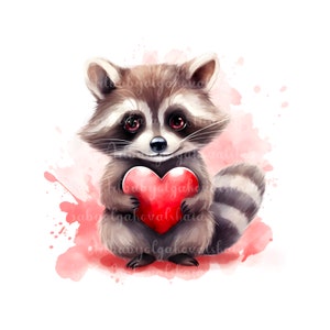 Cute Raccoon PNG, Watercolor Raccoon Heart, Love, Valentines Day Clipart, Digital Download