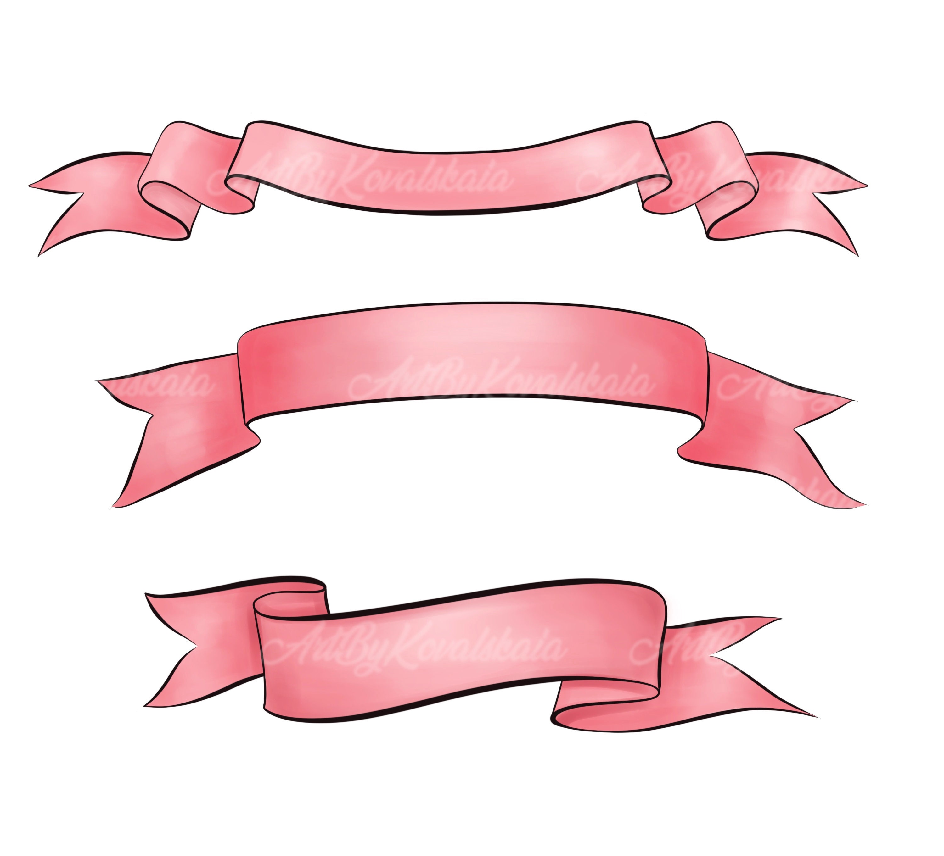 Ribbon Clipart, Banner PNG, Pink Ribbons Clip Art, Digital Download 