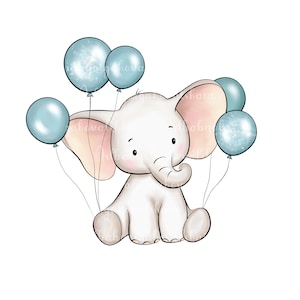 Elephant Clipart, Elephant, Balloons PNG, Baby Shower Boy, Digital Download
